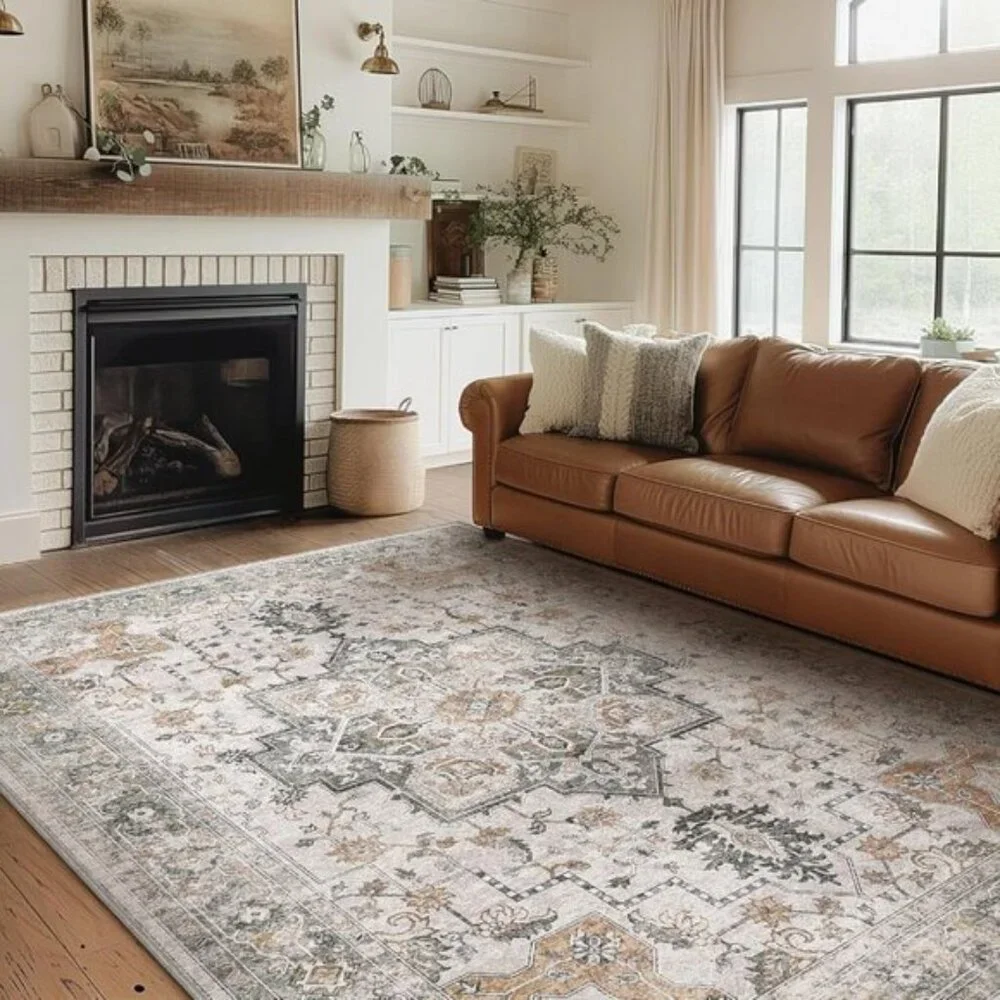 New 5x7 Area Rug, Washable Non-Slip Vintage Chenille Carpet for Living Room